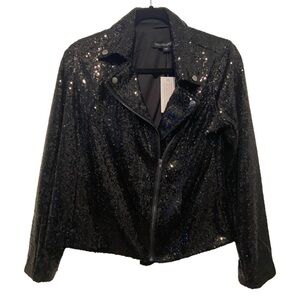 Colleen Lopez Lined Sequin Moto Bomber Jacket Black S New